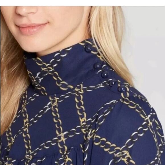 WHO WHAT WHERE Blue/Gold Chain Print Long Sleeve High Collar Dress Size XS - Picture 2 of 10